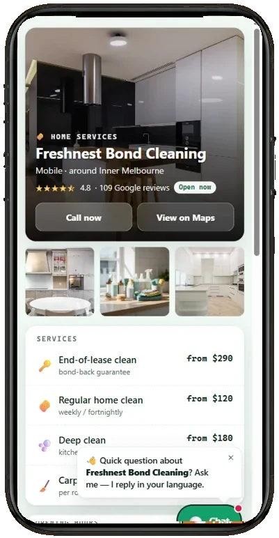 Example BookDone booking page for cleaning services on a phone