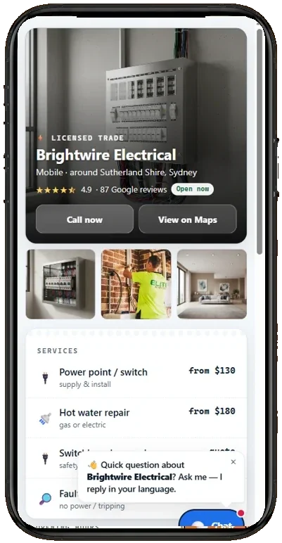 Example BookDone booking page for plumbers & electricians on a phone