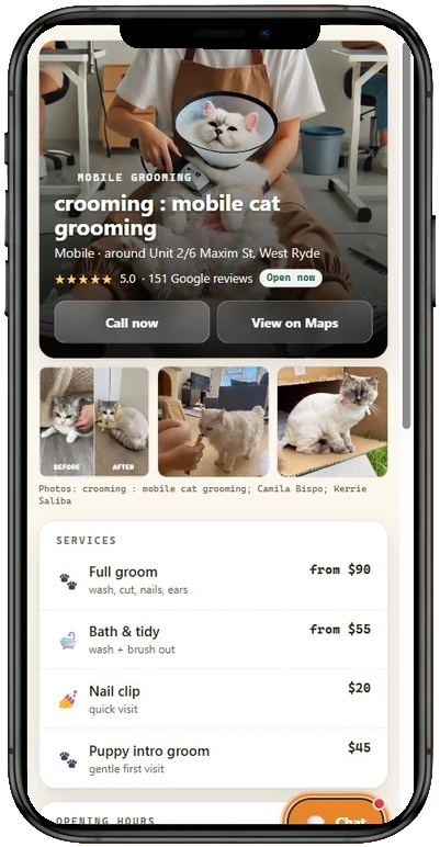 BookDone page for a mobile pet groomer