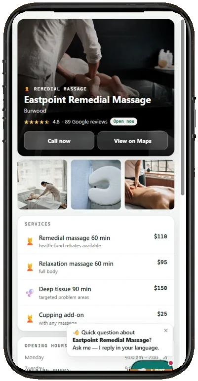 Example BookDone booking page for remedial massage therapists on a phone