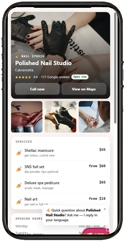 Example BookDone booking page for nail salons on a phone